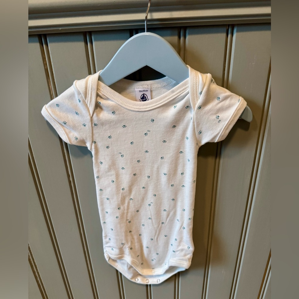 Petit Bateau White Baby Onesie with little Blue Paw Prints